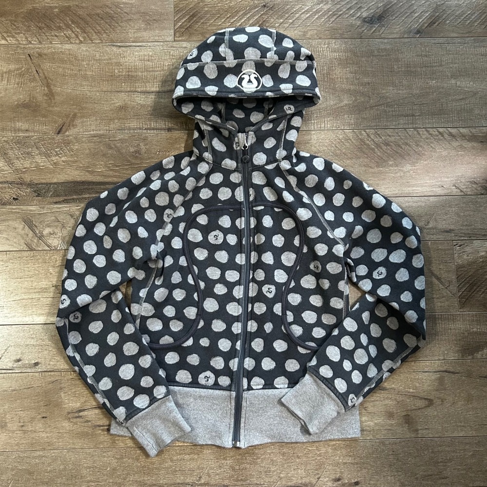 2010s Rare Lululemon Scuba Hoodie Full Zip Grey Polka Dot Fleece Jacket Size 8